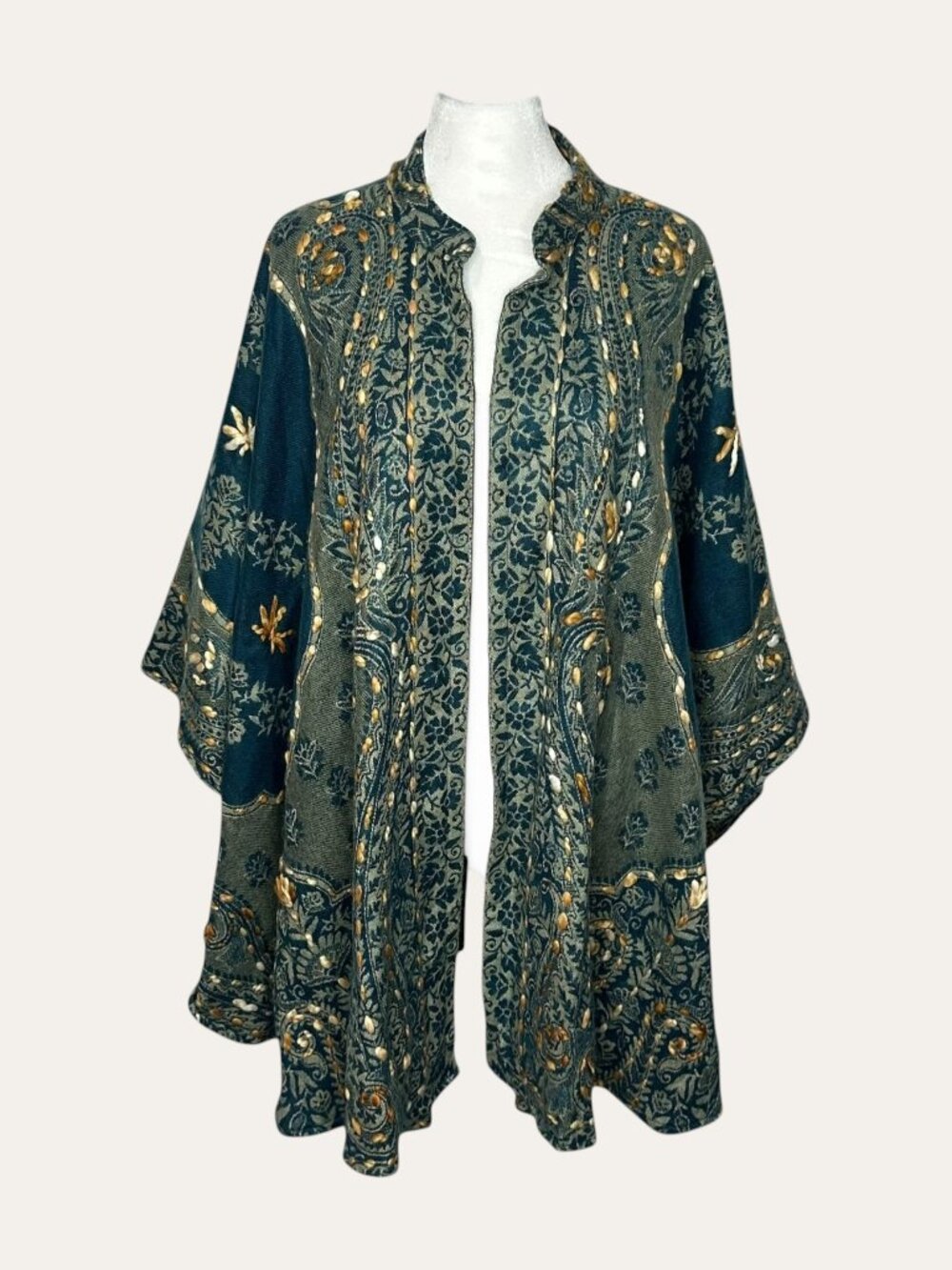 Paper + Lace Embroidered Paisley Boho Poncho in Teal & Gold, Free Size.